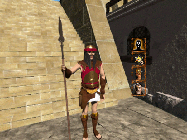 Screenshot of a guard in Atlantis: The Lost Tales, with the cursor menu visible