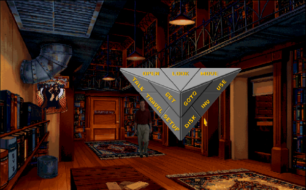 Screenshot of the bookshop in Noctropolis, with the click menu visible