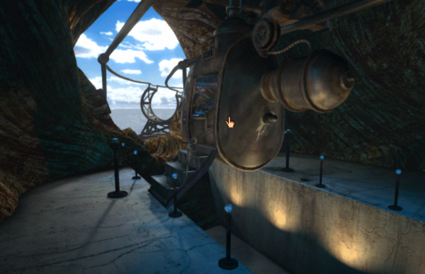 Screenshot of the monorail thing in Riven, with the hand shaped pointer visible