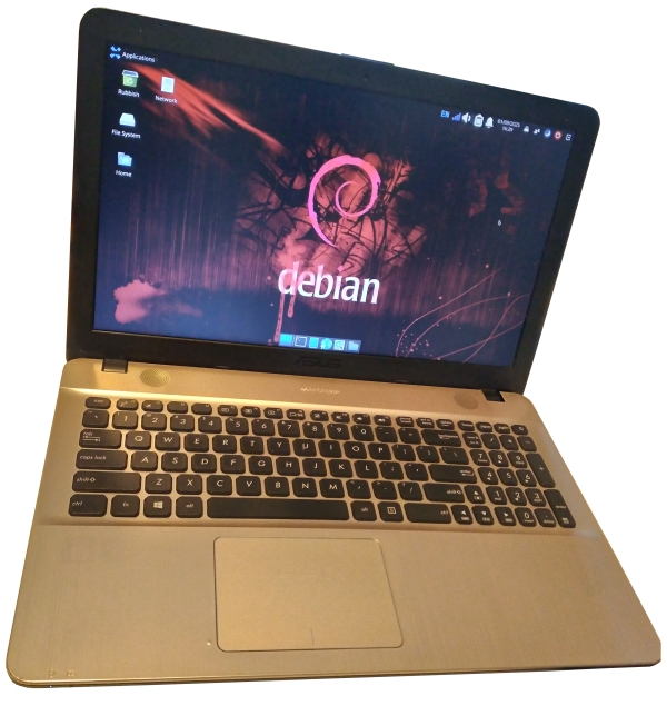 Photo of my open Asus Vivobook X541UJ, with a goth Debian themed wallpaper