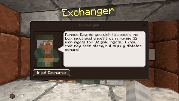 Two panel GIF of the Exchanger NPC described above, showing the POV of a player engaging with it while not having enough gold.