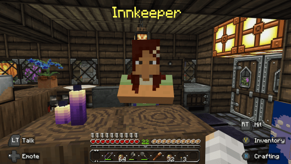 Three panel GIF of the Innkeeper NPC described above, showing the POV of a player engaging with it.