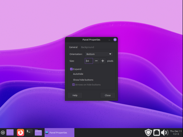 Image of MATE desktop with 'panel properties' window open and panel height set to 50px