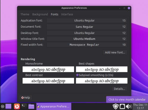 Image of MATE desktop with 'Appearance Preferences' open on the 'Fonts' tab