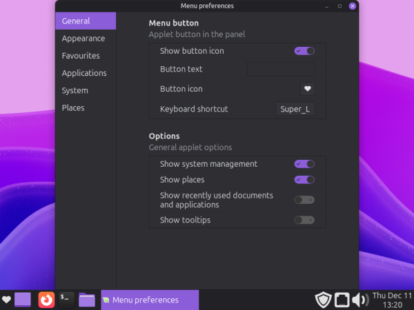 Image of MATE desktop with 'Menu Preferences' open, and a non-standard heart shaped menu button applied