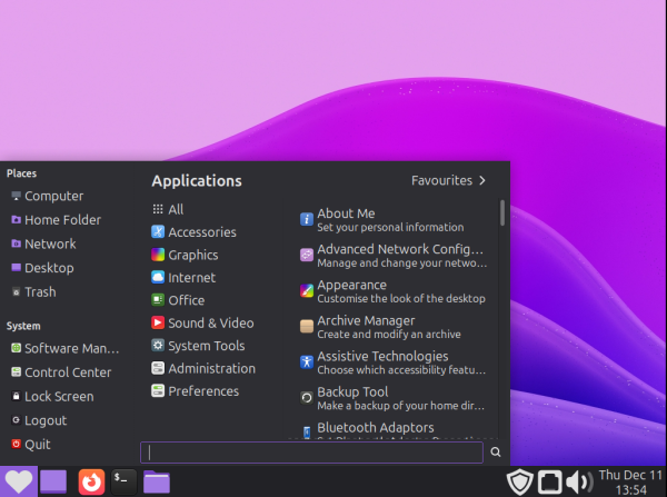 Image of the final basic MATE desktop customization, with it's application menu open for demonstration