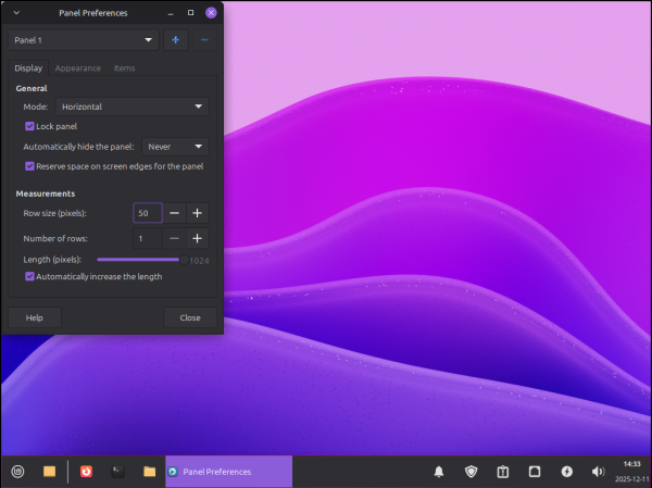 Image of Xfce desktop with some customization and the 'Panel Preferences' menu open with the panel height set to 50px
