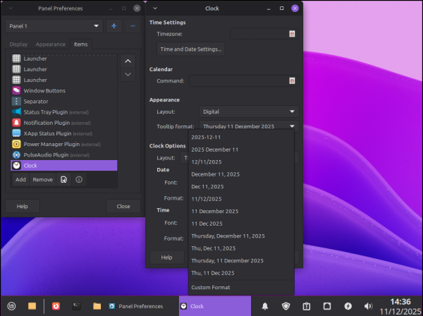 Image of Xfce desktop with the 'Panel Preferences' and 'Clock' windows open, the 'Layout Options' dropdown menu is open in the Clock window showing a dozen layout choices