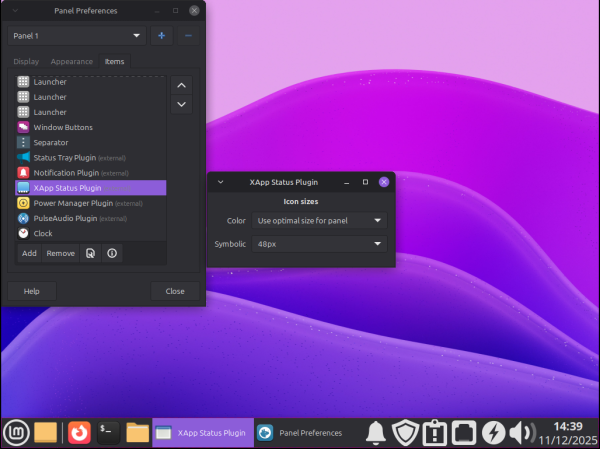 Image of Xfce desktop with the 'Panel Preferences' and 'X-App Status Plugin' windows open, and the icons of the panel now scaled appropriately