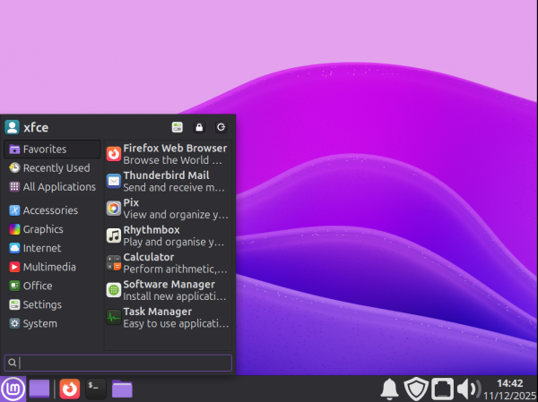 Image of Xfce desktop with the application menu open, midway through customization