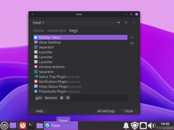 Image of Xfce desktop with the 'Panel Preferences' window open on it's 'Items' tab, with the 'Whisker Menu' item highlighted
