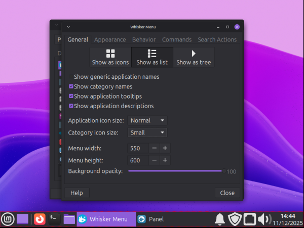 Image of Xfce desktop with the 'Whisker Menu' window open on top of the 'Panel Preferences', the Whisker Menu showing options to change icon sizes and menu width + height sizes.