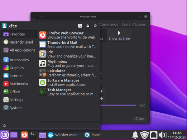 Image of Xfce desktop with the resized application menu open over the top of the 'Whisker Menu' and the 'Panel Preferences' window.