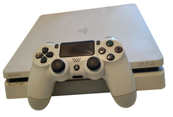 Photo of the white PS4 Slim + Dualshock 4 controller, loaned to me by a friend